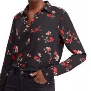Lauren Ralph Lauren 2X Black Floral Blouse Long Sleeve Button Down Top